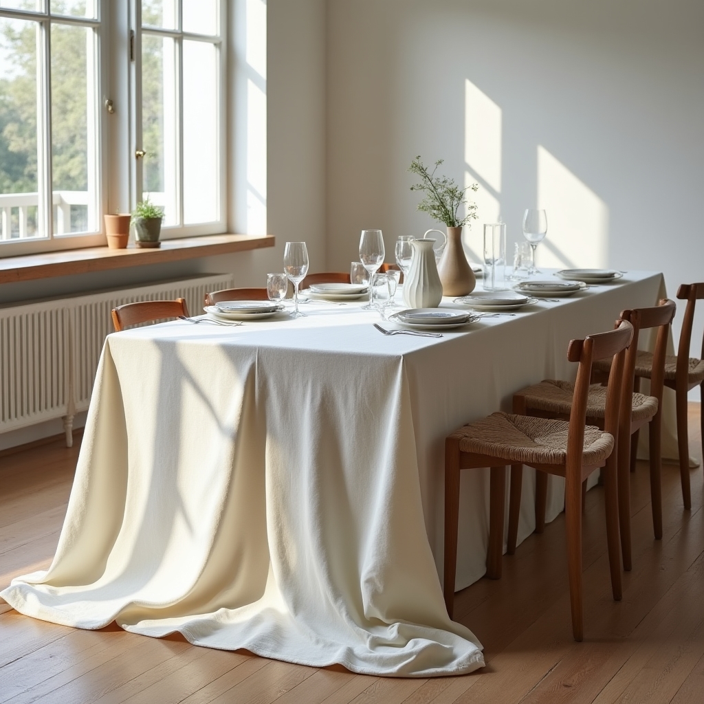 Lange gedeckte Tafel mit großformatiger Leinentischdecke